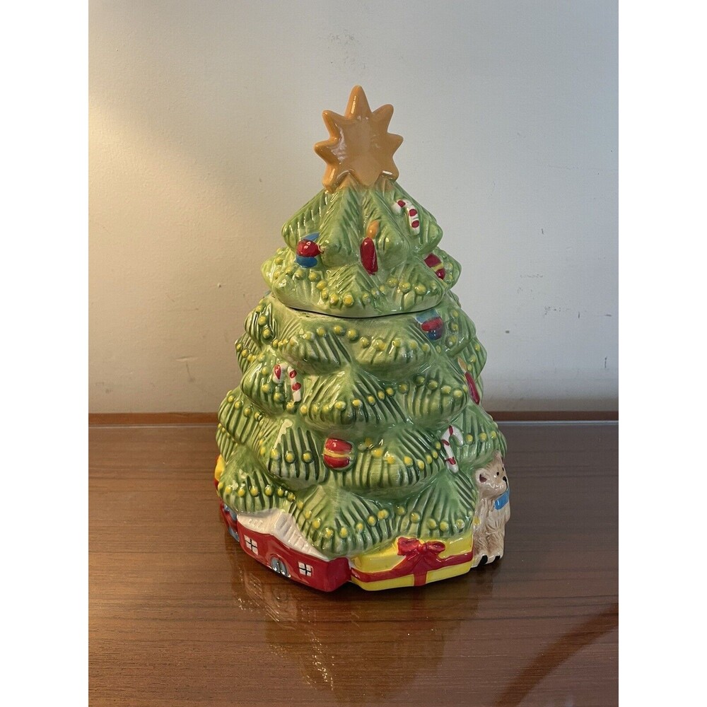 Christmas Tree Cookie Jar Ceramic Teddy Bear & Presents, 10” Tall